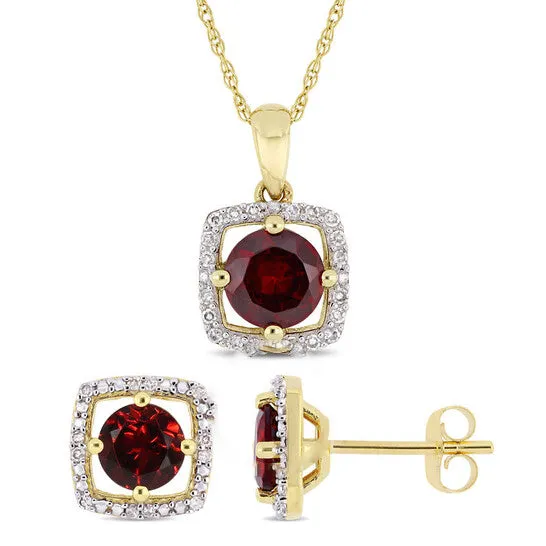 Earrings Original AMOUR 2piece Set Of 2 15 CT TGW Garnet and 16 CT TW Diamond Square Halo Stud Earrings and Pendant with Chain In 10K Yellow Gold JMS always Earrings Original AMOUR 2piece Set Of 2 15 CT TGW Garnet and 16 CT TW Diamond Square Halo Stud Earrings and Pendant with Chain In 10K Yellow Gold JMS always