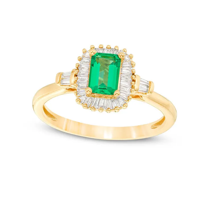 EmeraldCut LabCreated Emerald and White Sapphire Sunburst Frame Ring in Sterling Silver with Solid 14K Gold Plate Goldia Rings EmeraldCut LabCreated Emerald and White Sapphire Sunburst Frame Ring in Sterling Silver with Solid 14K Gold Plate Goldia Rings
