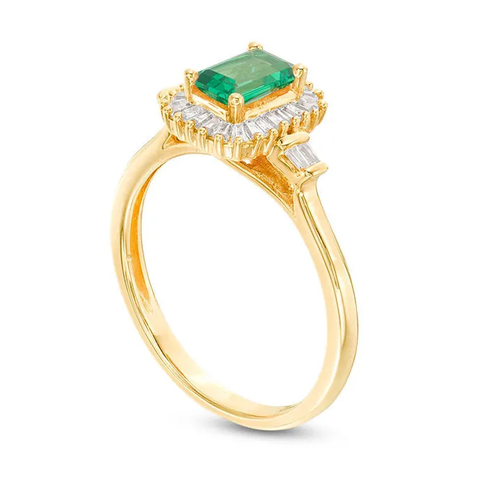 EmeraldCut LabCreated Emerald and White Sapphire Sunburst Frame Ring in Sterling Silver with Solid 14K Gold Plate Goldia Rings EmeraldCut LabCreated Emerald and White Sapphire Sunburst Frame Ring in Sterling Silver with Solid 14K Gold Plate Goldia Rings