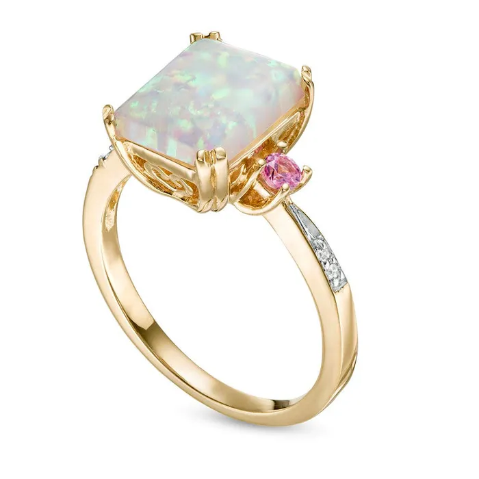 EmeraldCut LabCreated Opal and Pink Sapphire with Diamond Accent Three Stone Ring in Solid 10K Yellow Gold Goldia Rings EmeraldCut LabCreated Opal and Pink Sapphire with Diamond Accent Three Stone Ring in Solid 10K Yellow Gold Goldia Rings