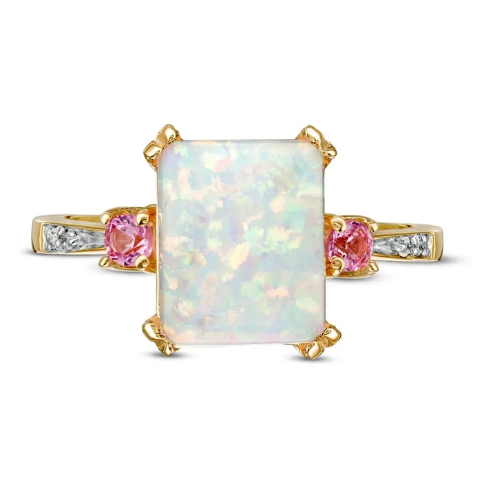EmeraldCut LabCreated Opal and Pink Sapphire with Diamond Accent Three Stone Ring in Solid 10K Yellow Gold Goldia Rings EmeraldCut LabCreated Opal and Pink Sapphire with Diamond Accent Three Stone Ring in Solid 10K Yellow Gold Goldia Rings