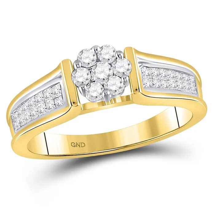 gndatlanta 14k Yellow Gold Round Diamond Flower Cluster Ring 12 Cttw Rings