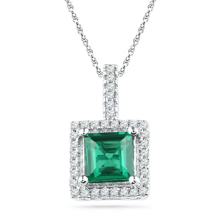gndatlanta Necklaces 14k White Gold Cushion Created Emerald Solitaire Diamond Pendant 138 Cttw
