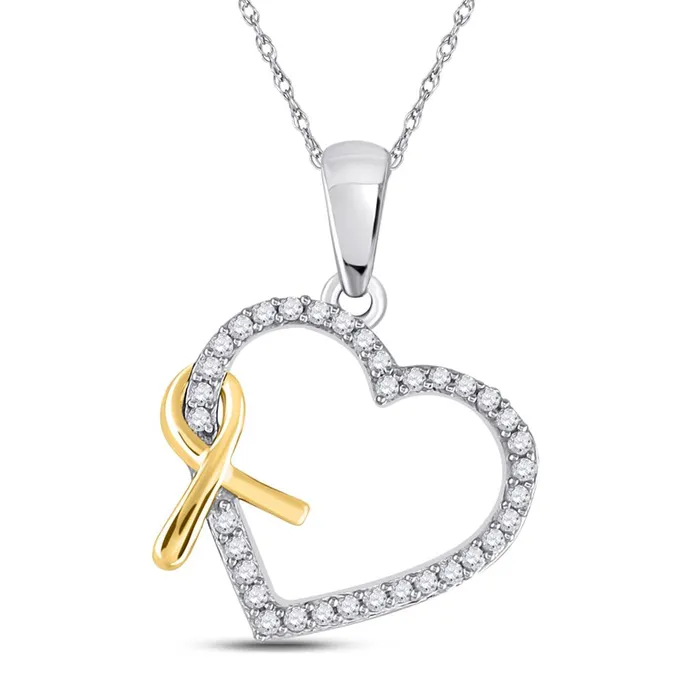gndatlanta Necklaces 14k White Gold Round Diamond Ribbon Heart Pendant 16 Cttw