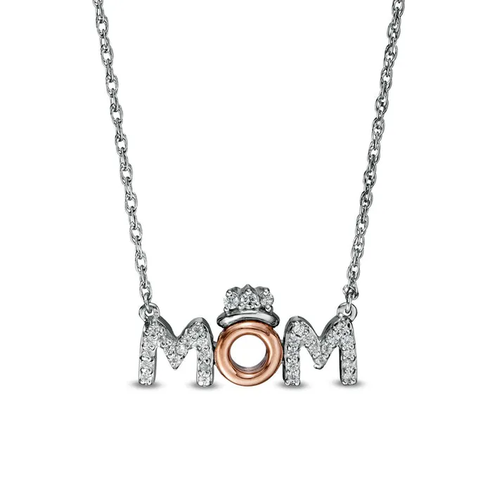 Goldia 01 CT TW Natural Diamond MOM with Crown in Sterling Silver with 10K Rose Gold Necklaces Goldia 01 CT TW Natural Diamond MOM with Crown in Sterling Silver with 10K Rose Gold Necklaces