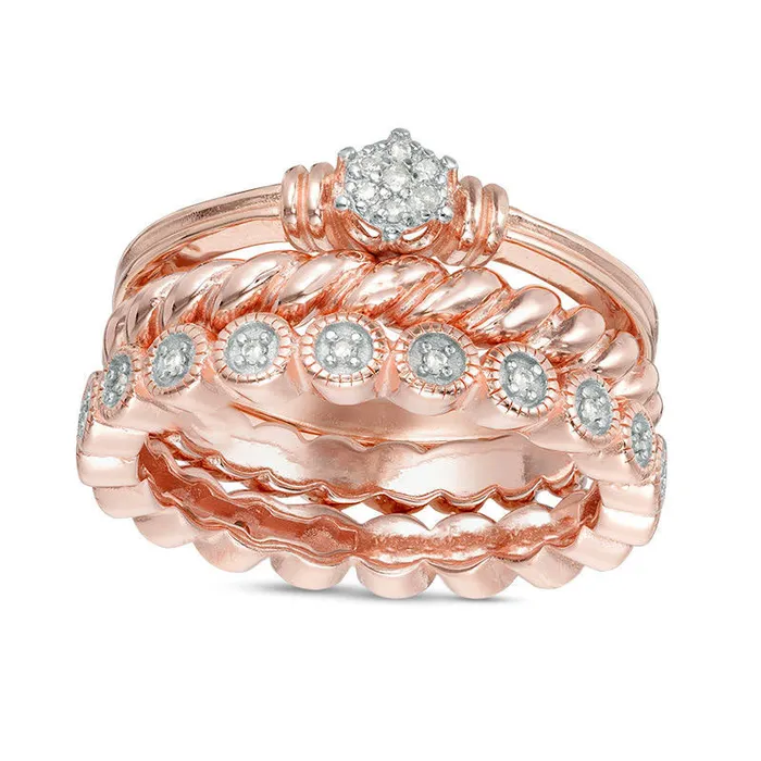 Goldia 010 CT TW Natural Diamond Antique VintageStyle Three Piece Stackable Band Set in Sterling Silver with Solid 18K Rose Gold Plate Rings Goldia 010 CT TW Natural Diamond Antique VintageStyle Three Piece Stackable Band Set in Sterling Silver with Solid 18K Rose Gold Plate Rings