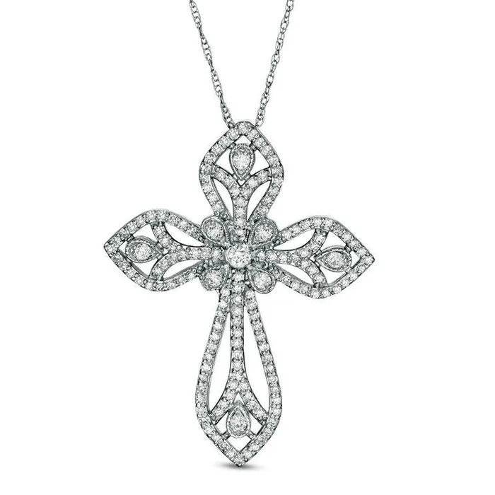Goldia 075 CT TW Natural Diamond Petal Cross Pendant in 10K White Gold Necklaces Goldia 075 CT TW Natural Diamond Petal Cross Pendant in 10K White Gold Necklaces