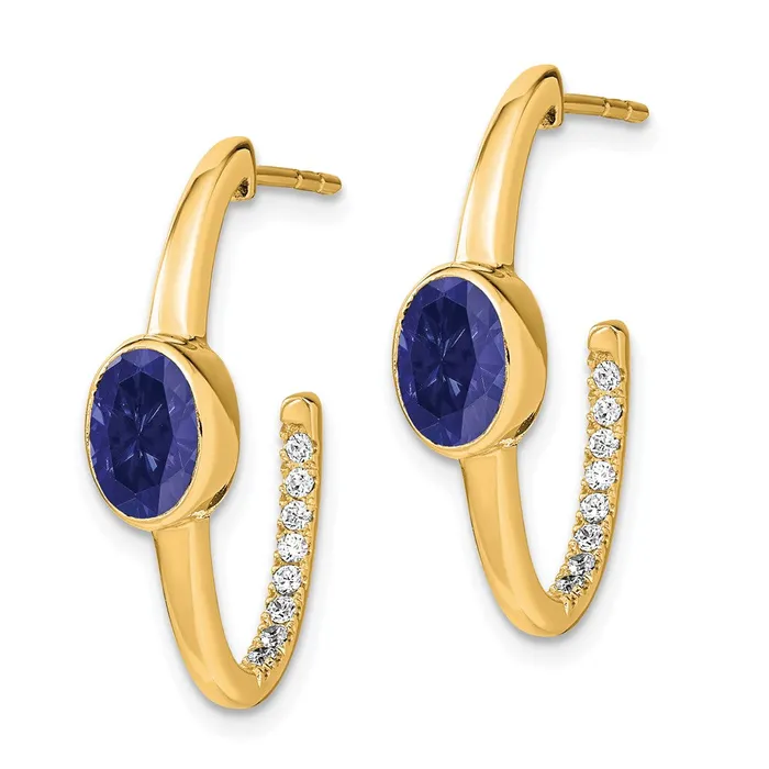 Goldia 14k Yellow Gold Oval Created Sapphire and Real Diamond JHoop Earrings Earrings