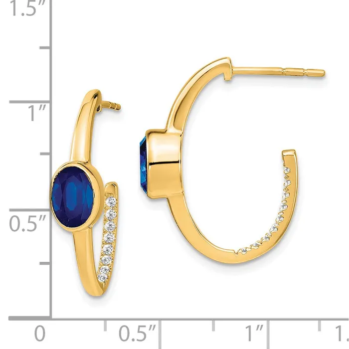Goldia 14k Yellow Gold Oval Created Sapphire and Real Diamond JHoop Earrings Earrings
