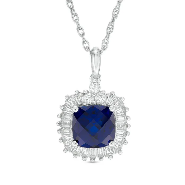 Goldia 70mm CushionCut LabCreated Blue and White Sapphire Sunburst Frame Pendant in Sterling Silver Rings Goldia 70mm CushionCut LabCreated Blue and White Sapphire Sunburst Frame Pendant in Sterling Silver Rings