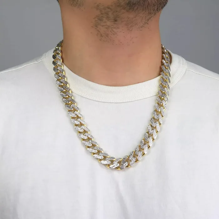 Goldiacom Necklaces 10k Yellow Gold 9mm Monaco Miami Cuban Link Diamond Cut Pave Chain Necklace 20