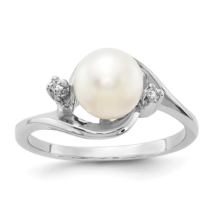 Goldiacom Rings 14k White Gold 7mm FW Cultured Pearl AA Real Diamond ring Goldiacom Rings 14k White Gold 7mm FW Cultured Pearl AA Real Diamond ring