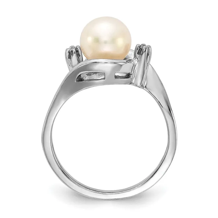 Goldiacom Rings 14k White Gold 7mm FW Cultured Pearl AA Real Diamond ring