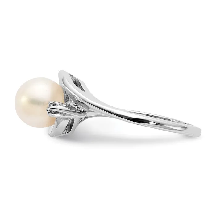 Goldiacom Rings 14k White Gold 7mm FW Cultured Pearl AA Real Diamond ring