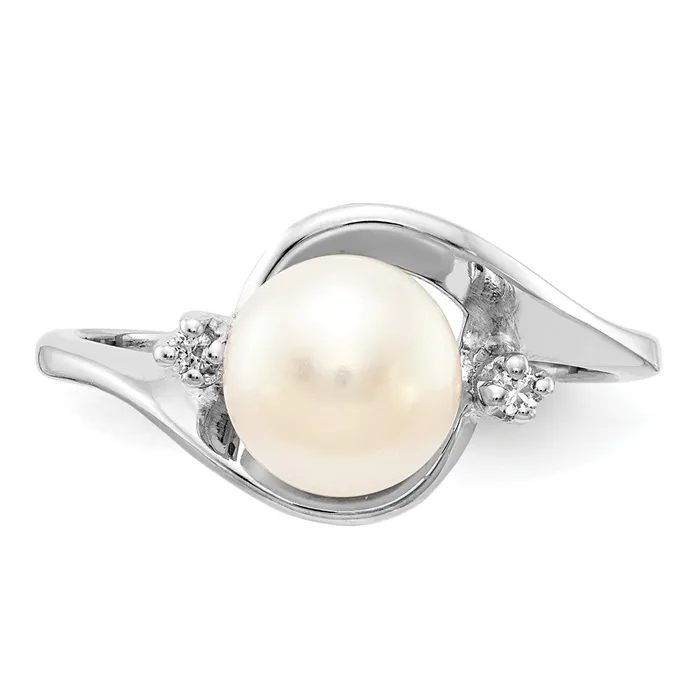 Goldiacom Rings 14k White Gold 7mm FW Cultured Pearl AA Real Diamond ring