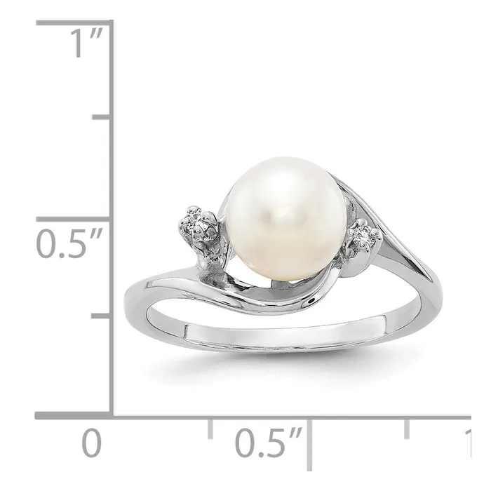 Goldiacom Rings 14k White Gold 7mm FW Cultured Pearl AA Real Diamond ring
