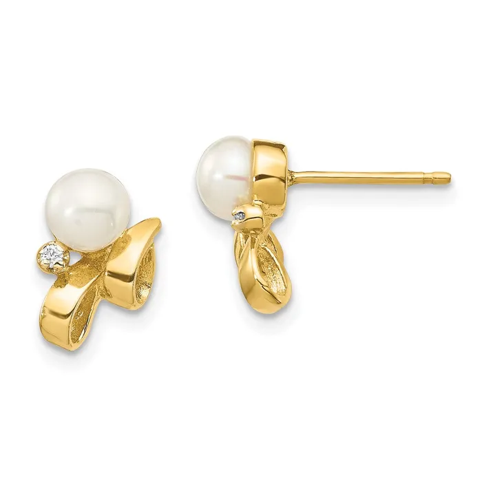 Goldia Earrings 14k Yellow Gold 45mm White Button FW Cultured Pearl 02ct Real Diamond Post Earrings