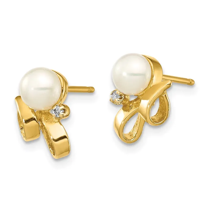 Goldia Earrings 14k Yellow Gold 45mm White Button FW Cultured Pearl 02ct Real Diamond Post Earrings