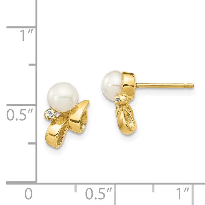 Goldia Earrings 14k Yellow Gold 45mm White Button FW Cultured Pearl 02ct Real Diamond Post Earrings