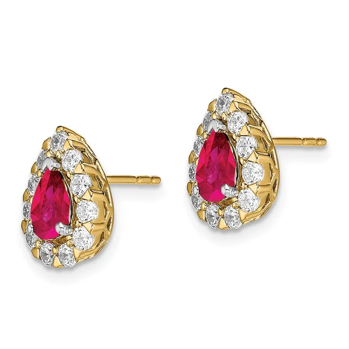 Goldia Earrings 14k Yellow Gold Pear Ruby and Real Diamond Halo Post Earrings
