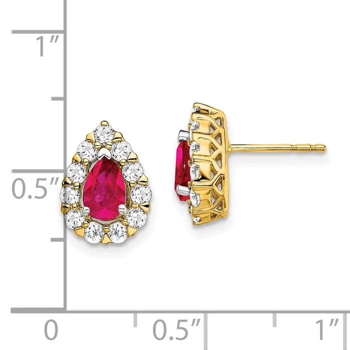 Goldia Earrings 14k Yellow Gold Pear Ruby and Real Diamond Halo Post Earrings