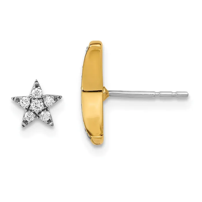 Goldia Earrings 14k Yellow Gold Twotone Moon andStar Real Diamond Mismatch Post Earrings