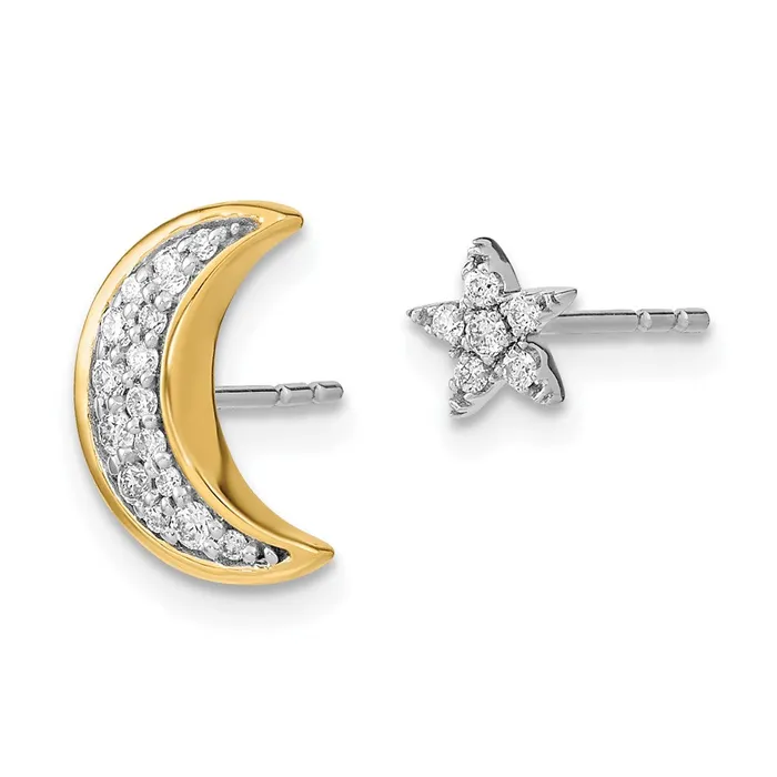 Goldia Earrings 14k Yellow Gold Twotone Moon andStar Real Diamond Mismatch Post Earrings