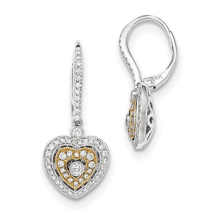 Goldia Earrings 14k Yellow Gold TwoTone Real Diamond Heart Leverback Dangle Earrings Goldia Earrings 14k Yellow Gold TwoTone Real Diamond Heart Leverback Dangle Earrings