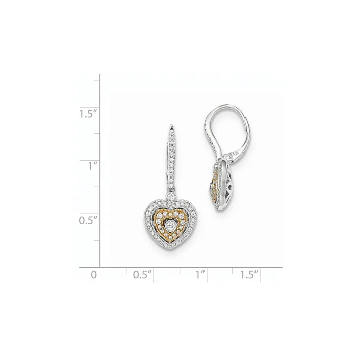 Goldia Earrings 14k Yellow Gold TwoTone Real Diamond Heart Leverback Dangle Earrings