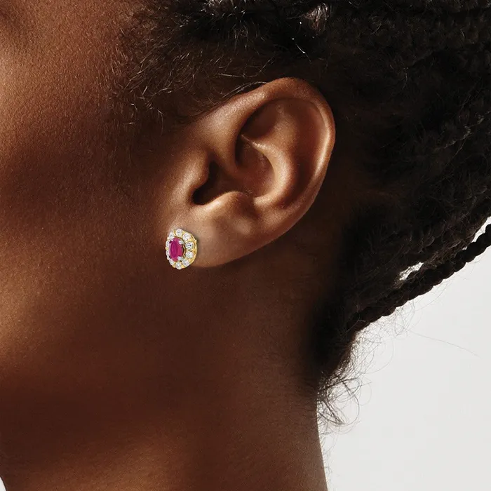 Goldia Earrings Solid 14k Yellow Gold Oval Simulated Ruby and CZ Halo Post Earrings Goldia Earrings Solid 14k Yellow Gold Oval Simulated Ruby and CZ Halo Post Earrings