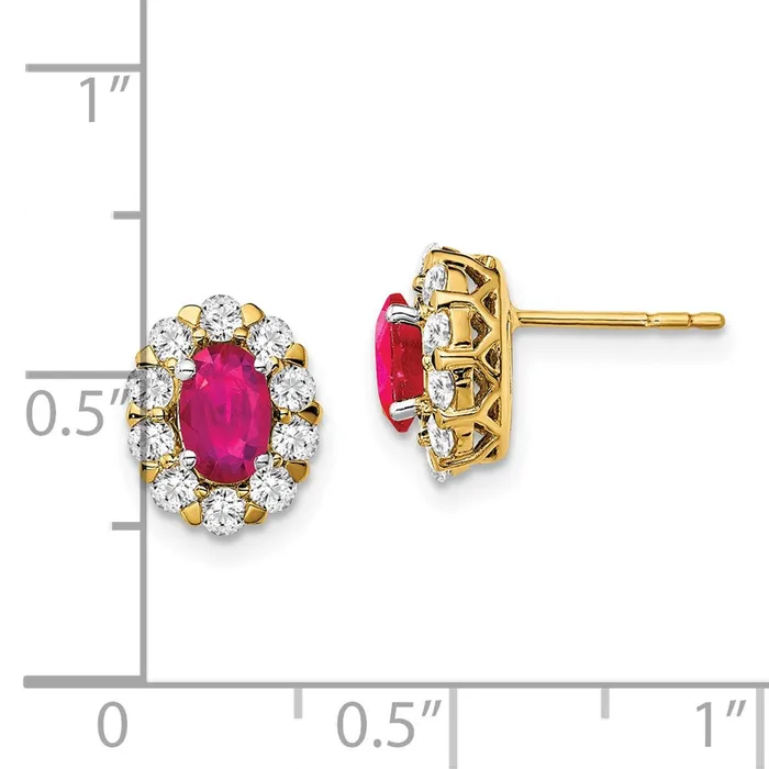 Goldia Earrings Solid 14k Yellow Gold Oval Simulated Ruby and CZ Halo Post Earrings Goldia Earrings Solid 14k Yellow Gold Oval Simulated Ruby and CZ Halo Post Earrings
