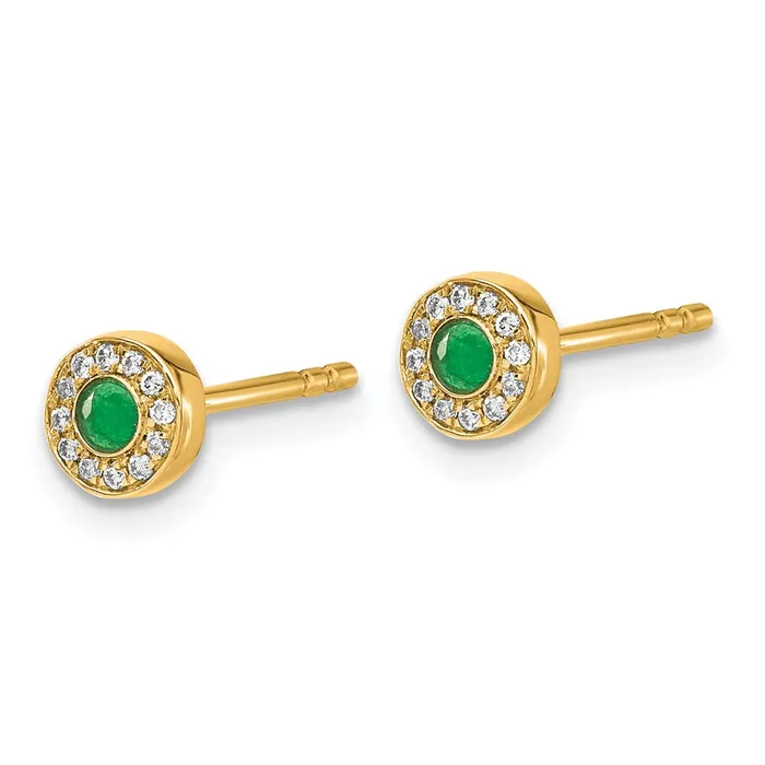 Goldia Earrings Solid 14k Yellow Gold Simulated CZ and Emerald Halo Post Earrings