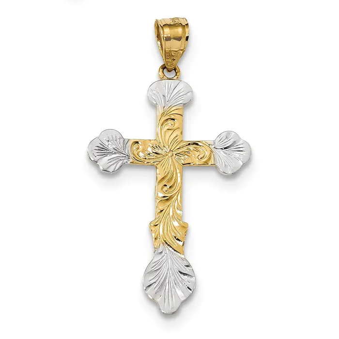 Goldia Necklaces 14k Yellow Rhodium Gold wRhodium Swirl Design Budded Cross Pendant Goldia Necklaces 14k Yellow Rhodium Gold wRhodium Swirl Design Budded Cross Pendant