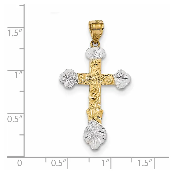 Goldia Necklaces 14k Yellow Rhodium Gold wRhodium Swirl Design Budded Cross Pendant