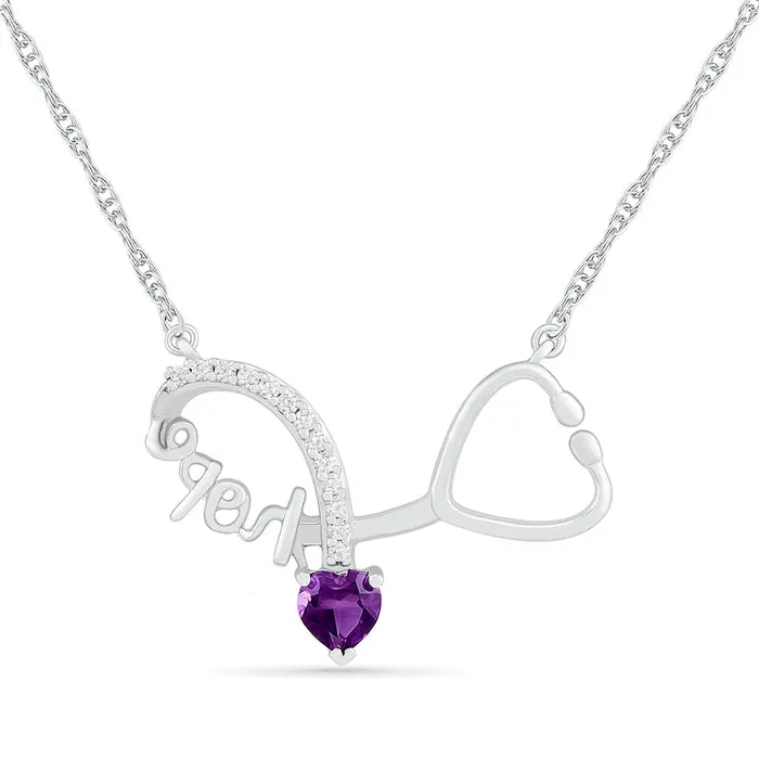Goldia Necklaces 40mm HeartShaped Amethyst and LabCreated White Sapphire Cursive hope Loop Stethoscope Necklace in Sterling Silver Goldia Necklaces 40mm HeartShaped Amethyst and LabCreated White Sapphire Cursive hope Loop Stethoscope Necklace in Sterling Silver