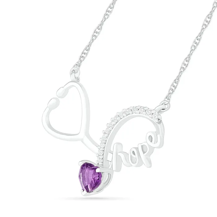 Goldia Necklaces 40mm HeartShaped Amethyst and LabCreated White Sapphire Cursive hope Loop Stethoscope Necklace in Sterling Silver Goldia Necklaces 40mm HeartShaped Amethyst and LabCreated White Sapphire Cursive hope Loop Stethoscope Necklace in Sterling Silver