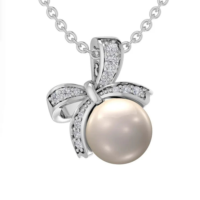 Goldia Necklaces 70mm Cultured Freshwater Pearl and Natural Diamond Accent Beaded Bow Pendant in Sterling Silver Goldia Necklaces 70mm Cultured Freshwater Pearl and Natural Diamond Accent Beaded Bow Pendant in Sterling Silver