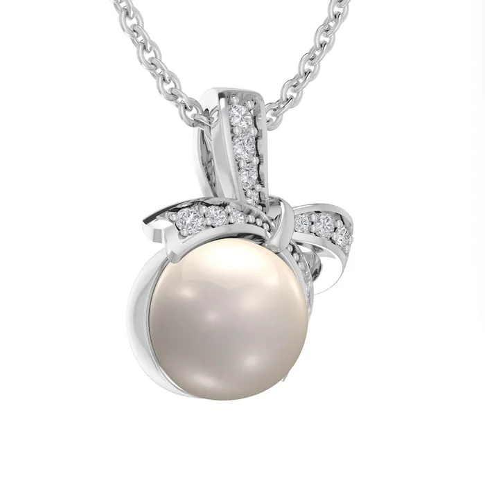 Goldia Necklaces 70mm Cultured Freshwater Pearl and Natural Diamond Accent Beaded Bow Pendant in Sterling Silver Goldia Necklaces 70mm Cultured Freshwater Pearl and Natural Diamond Accent Beaded Bow Pendant in Sterling Silver