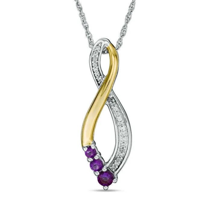 Goldia Necklaces Amethyst and Natural Diamond Accent Three Stone Infinity Pendant in Sterling Silver and 10K Yellow Gold Goldia Necklaces Amethyst and Natural Diamond Accent Three Stone Infinity Pendant in Sterling Silver and 10K Yellow Gold