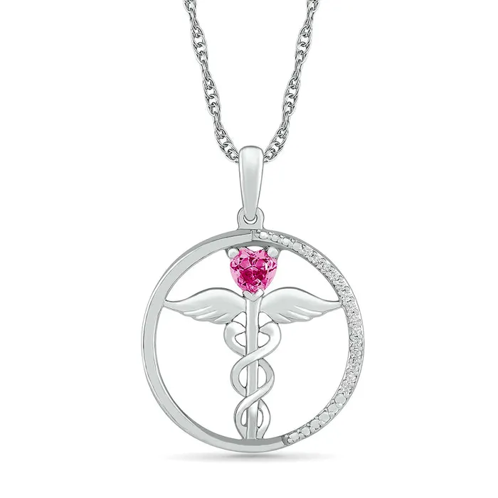 Goldia Necklaces HeartShaped LabCreated Pink Sapphire and 005 CT TW Diamond Caduceus Open Circle Drop Pendant in Sterling Silver Goldia Necklaces HeartShaped LabCreated Pink Sapphire and 005 CT TW Diamond Caduceus Open Circle Drop Pendant in Sterling Silver