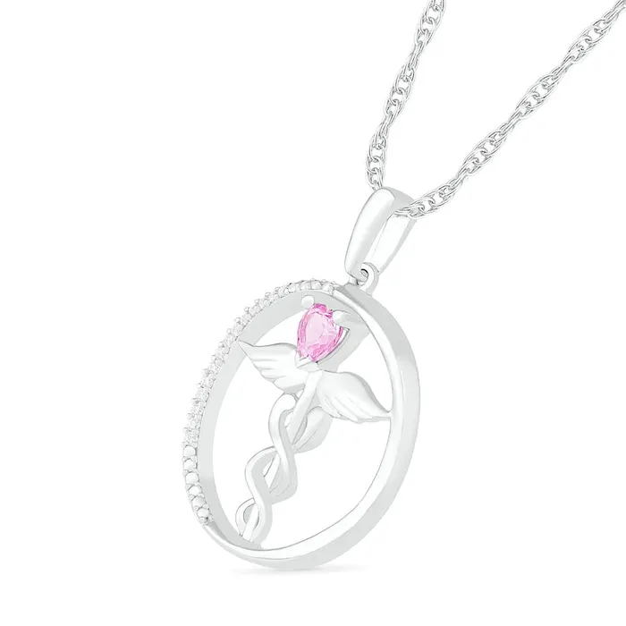 Goldia Necklaces HeartShaped LabCreated Pink Sapphire and 005 CT TW Diamond Caduceus Open Circle Drop Pendant in Sterling Silver Goldia Necklaces HeartShaped LabCreated Pink Sapphire and 005 CT TW Diamond Caduceus Open Circle Drop Pendant in Sterling Silver
