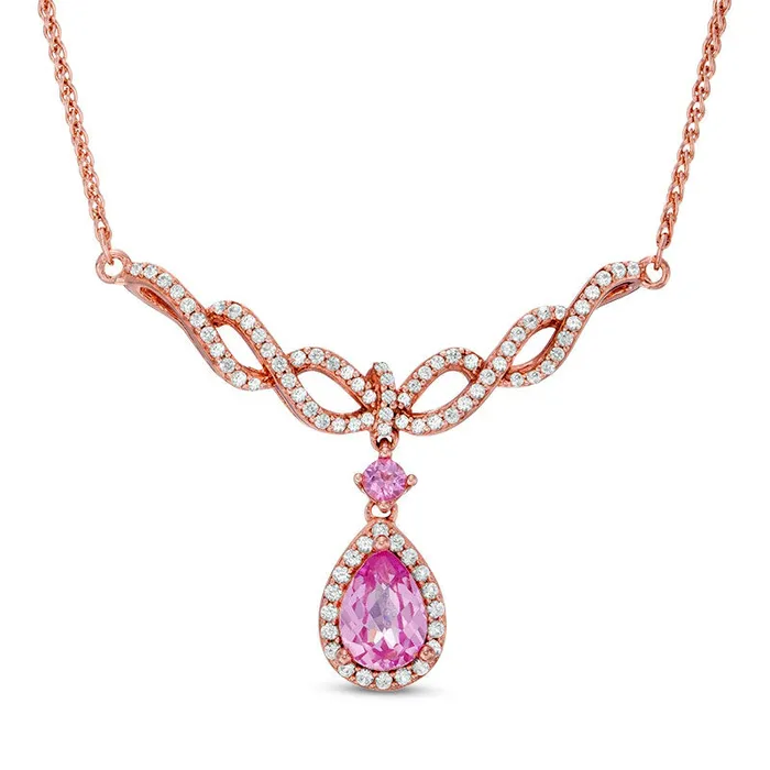 Goldia Necklaces PearShaped LabCreated Pink and White Sapphire Braid Necklace in Sterling Silver and 14K Rose Gold Plate 17 Goldia Necklaces PearShaped LabCreated Pink and White Sapphire Braid Necklace in Sterling Silver and 14K Rose Gold Plate 17