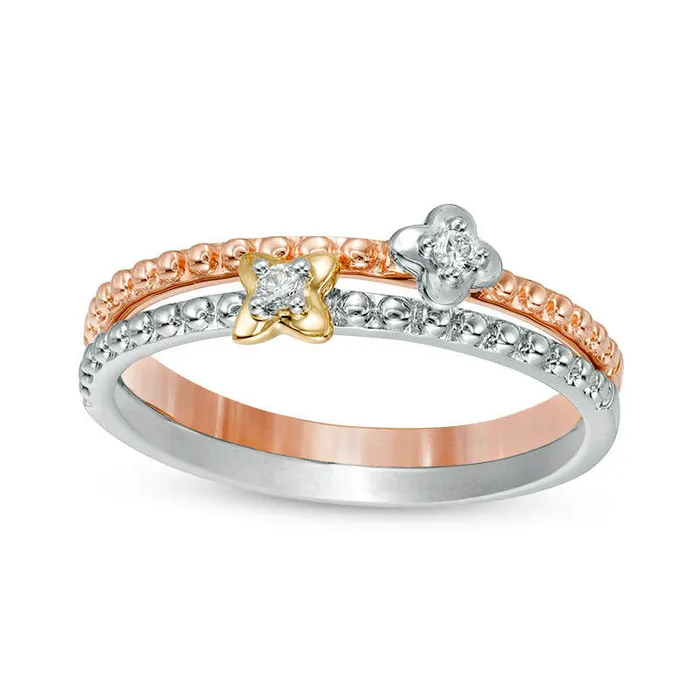 Goldia Rings 005 CT TW Natural Diamond Clover Two Piece Stackable Ring Set in Solid 10K TriTone Gold Goldia Rings 005 CT TW Natural Diamond Clover Two Piece Stackable Ring Set in Solid 10K TriTone Gold