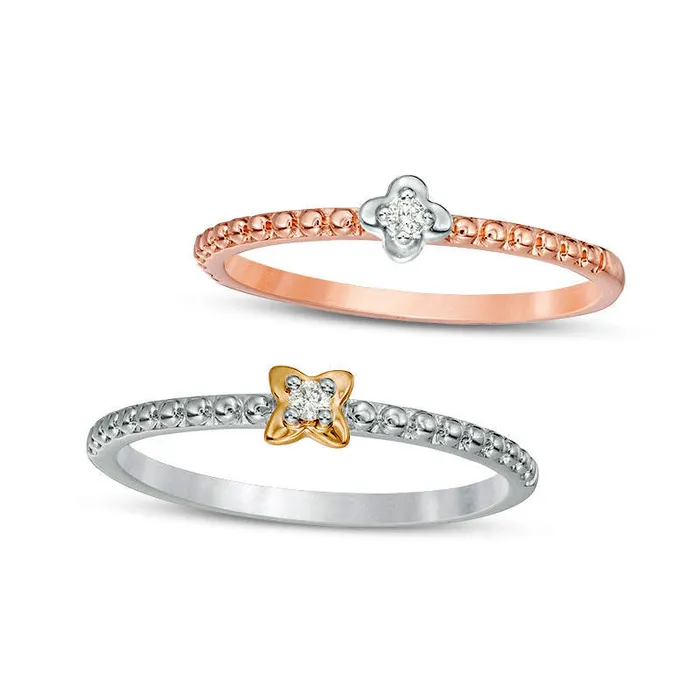 Goldia Rings 005 CT TW Natural Diamond Clover Two Piece Stackable Ring Set in Solid 10K TriTone Gold Goldia Rings 005 CT TW Natural Diamond Clover Two Piece Stackable Ring Set in Solid 10K TriTone Gold