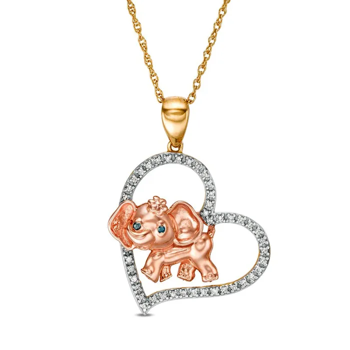 Goldia Rings 01 CT TW Enhanced Blue and White Natural Diamond Elephant and Heart Pendant in Sterling Silver and 14K TwoTone Gold Plate