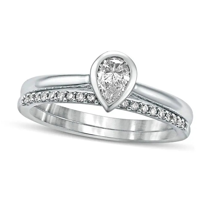 Goldia Rings 038 CT TW PearShaped Natural Diamond Bridal Engagement Ring Set in Solid 10K White Gold Goldia Rings 038 CT TW PearShaped Natural Diamond Bridal Engagement Ring Set in Solid 10K White Gold