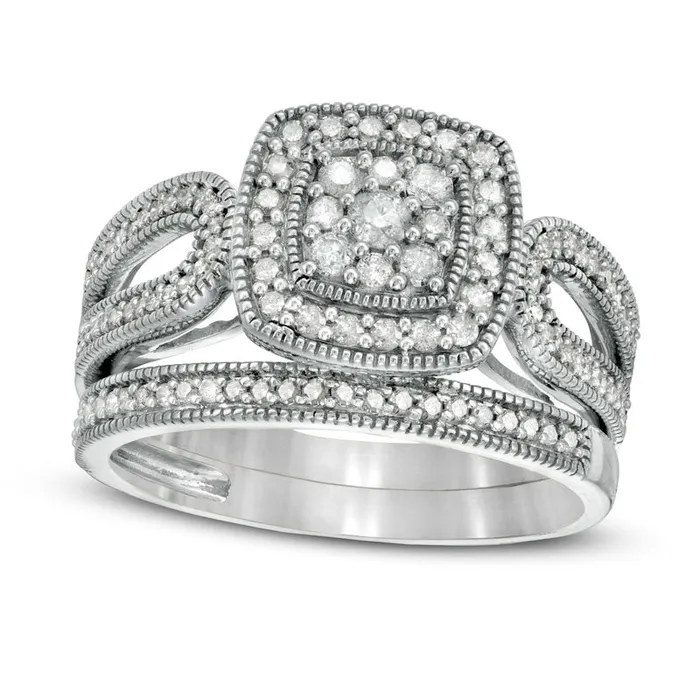 Goldia Rings 050 CT TW Composite Natural Diamond Cushion Frame Looped Antique VintageStyle Bridal Engagement Ring Set in Solid 10K White Gold Goldia Rings 050 CT TW Composite Natural Diamond Cushion Frame Looped Antique VintageStyle Bridal Engagement Ring Set in Solid 10K White Gold