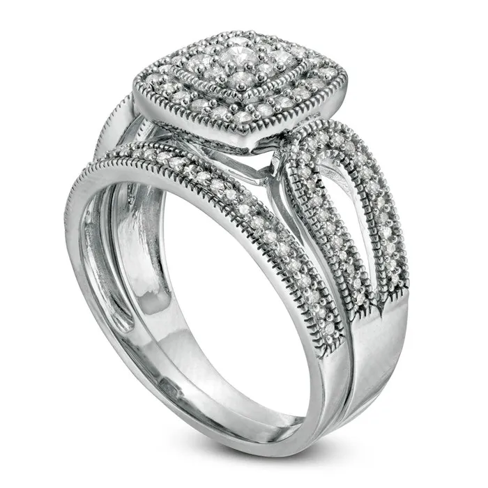 Goldia Rings 050 CT TW Composite Natural Diamond Cushion Frame Looped Antique VintageStyle Bridal Engagement Ring Set in Solid 10K White Gold Goldia Rings 050 CT TW Composite Natural Diamond Cushion Frame Looped Antique VintageStyle Bridal Engagement Ring Set in Solid 10K White Gold