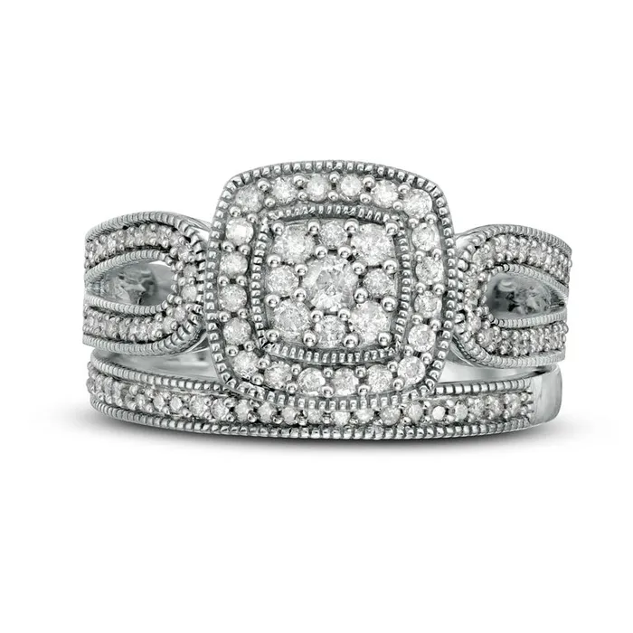 Goldia Rings 050 CT TW Composite Natural Diamond Cushion Frame Looped Antique VintageStyle Bridal Engagement Ring Set in Solid 10K White Gold Goldia Rings 050 CT TW Composite Natural Diamond Cushion Frame Looped Antique VintageStyle Bridal Engagement Ring Set in Solid 10K White Gold