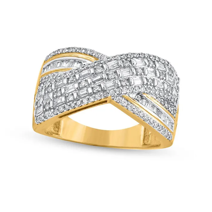 Goldia Rings 075 CT TW Baguette and Round Natural Diamond Crossover MultiRow Ring in Solid 10K Yellow Gold Goldia Rings 075 CT TW Baguette and Round Natural Diamond Crossover MultiRow Ring in Solid 10K Yellow Gold